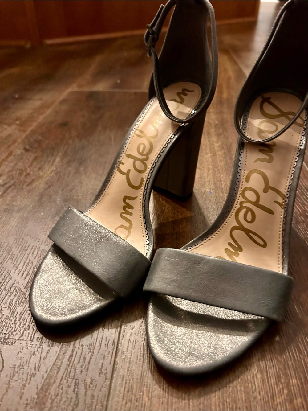Sam Edelman Metallic Gray Block Heel Ankle-Strap Sandals